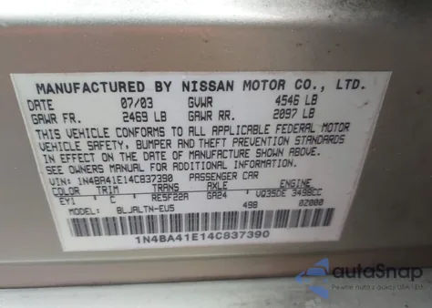 2004 Nissan Maxima 3.5 Se из США, поврежденный, VIN 1N4BA41E14C837390